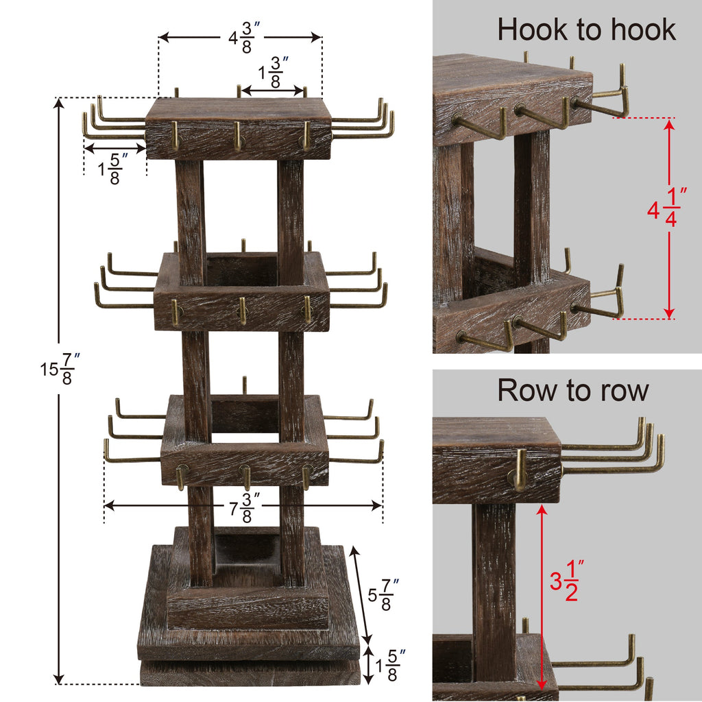 #WDJ5036  Natural Wood Rotating 36 Hooks Jewelry Tower , Coffee color