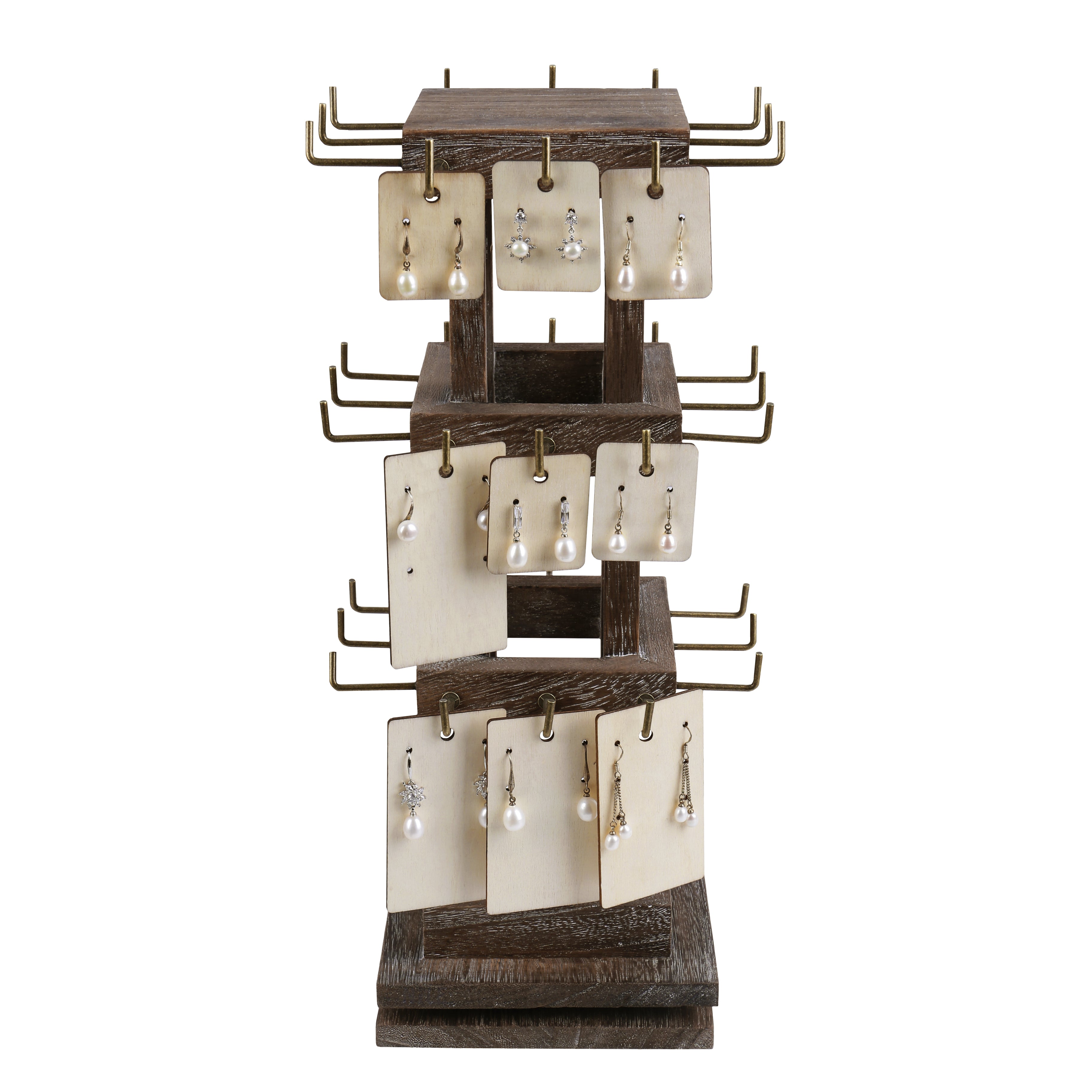 #WDJ5036  Natural Wood Rotating 36 Hooks Jewelry Tower , Coffee color