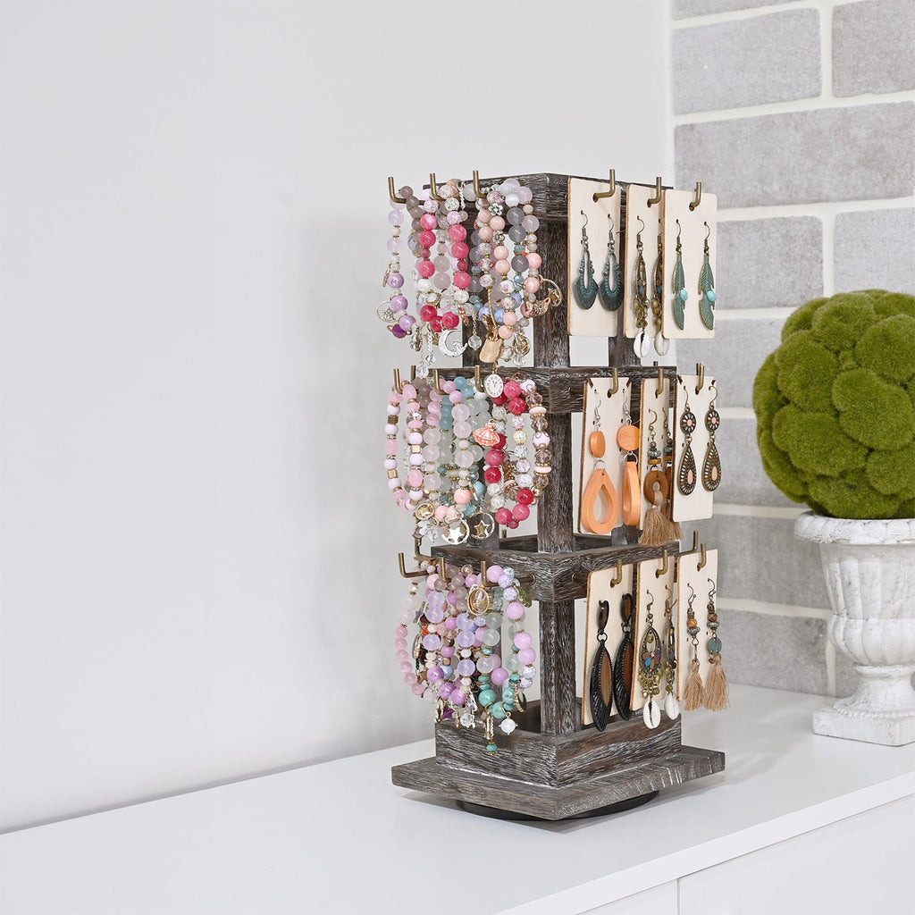 #WDJ5036  Natural Wood Rotating 36 Hooks Jewelry Tower , Coffee color