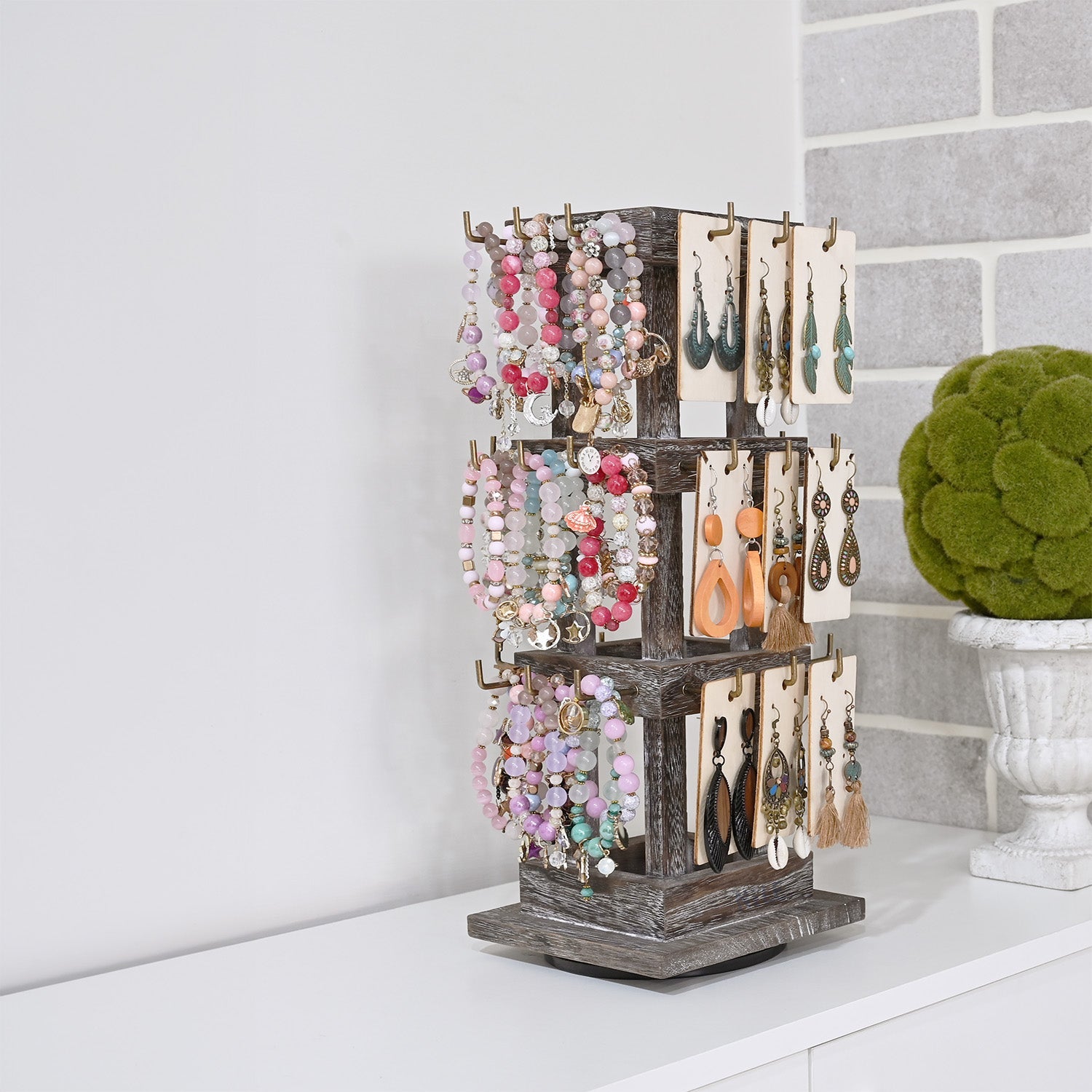 #WDJ5036  Natural Wood Rotating 36 Hooks Jewelry Tower , Coffee color