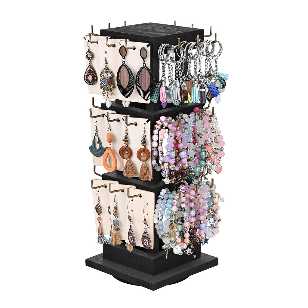 #WDJ5036  Natural Wood Rotating 36 Hooks Jewelry Tower