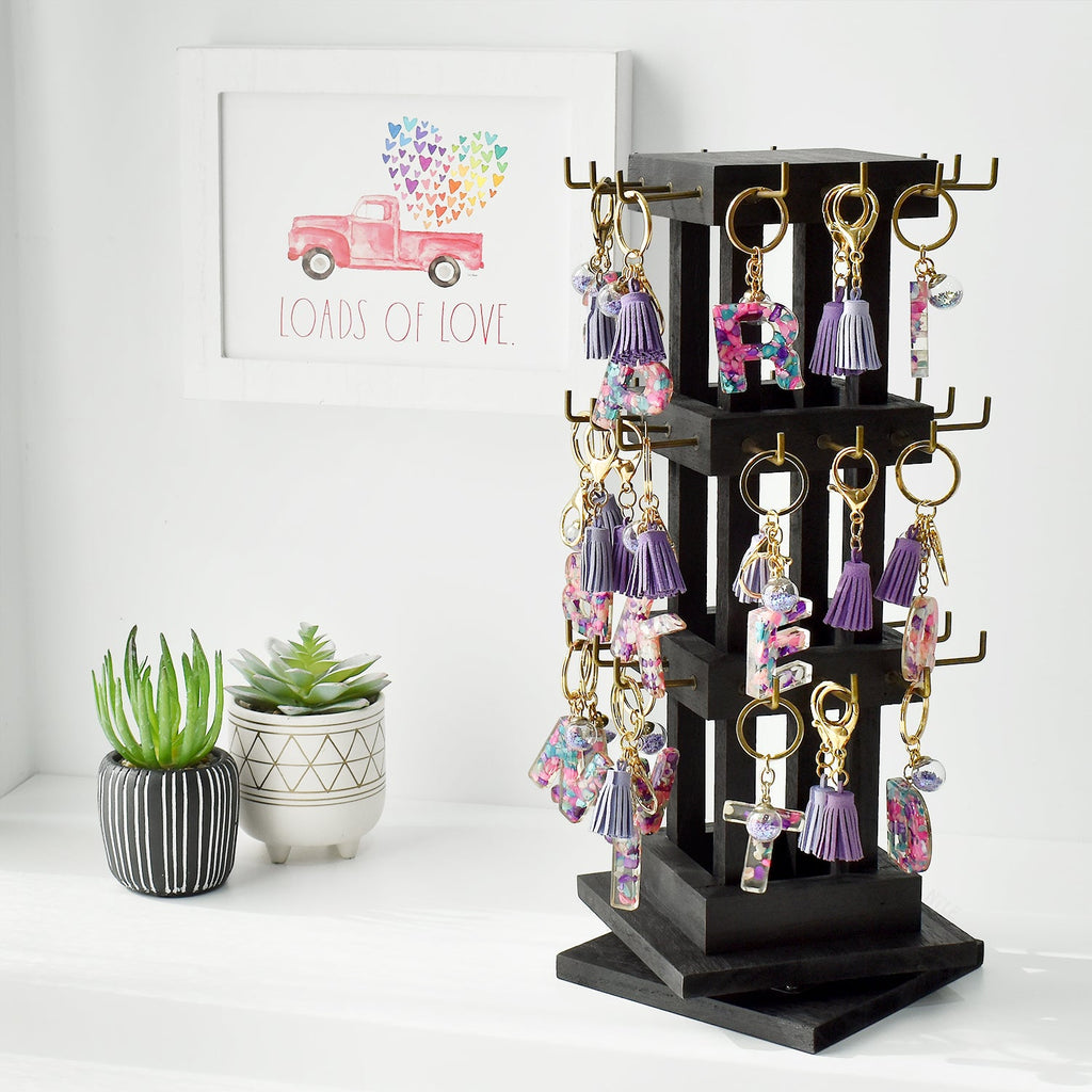 #WDJ5036  Natural Wood Rotating 36 Hooks Jewelry Tower , Coffee color